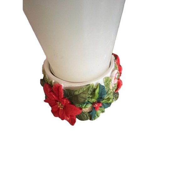 Vintage Poinsettia Floral Pillar Candle Holder w/Seasons Greetings add-on Dove** - Picture 11 of 14